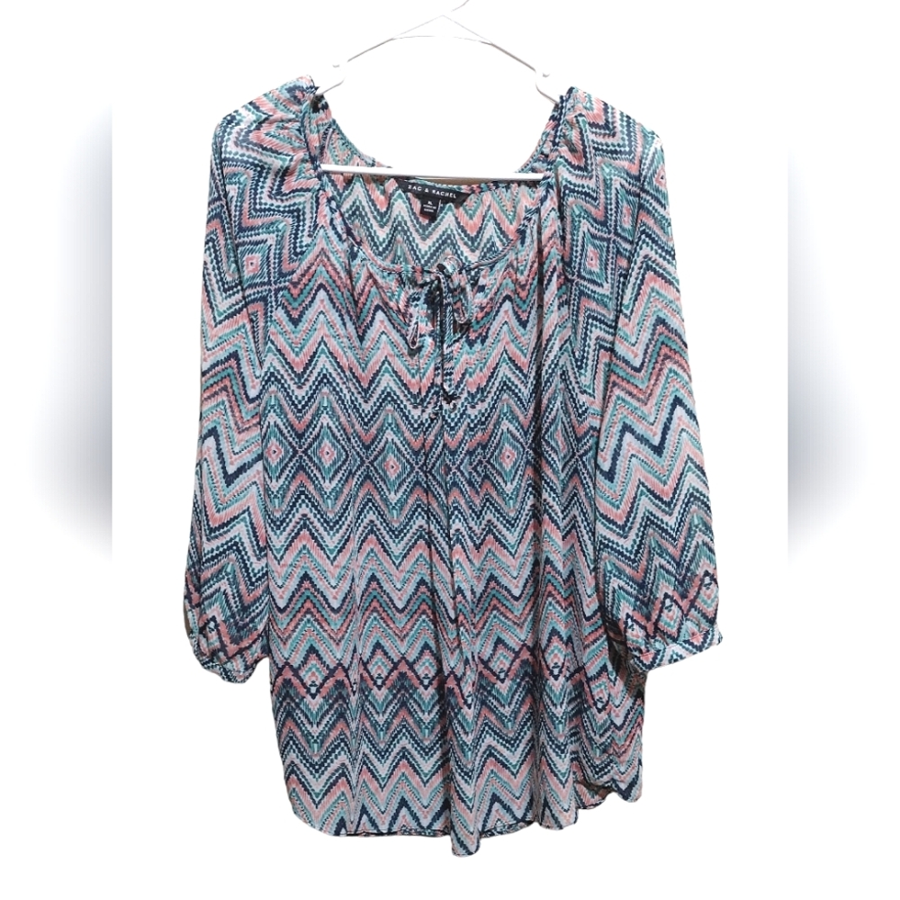 Zac & Rachel Long Sleeve Multi Color Sheer Blouse with String Ties, Size XL